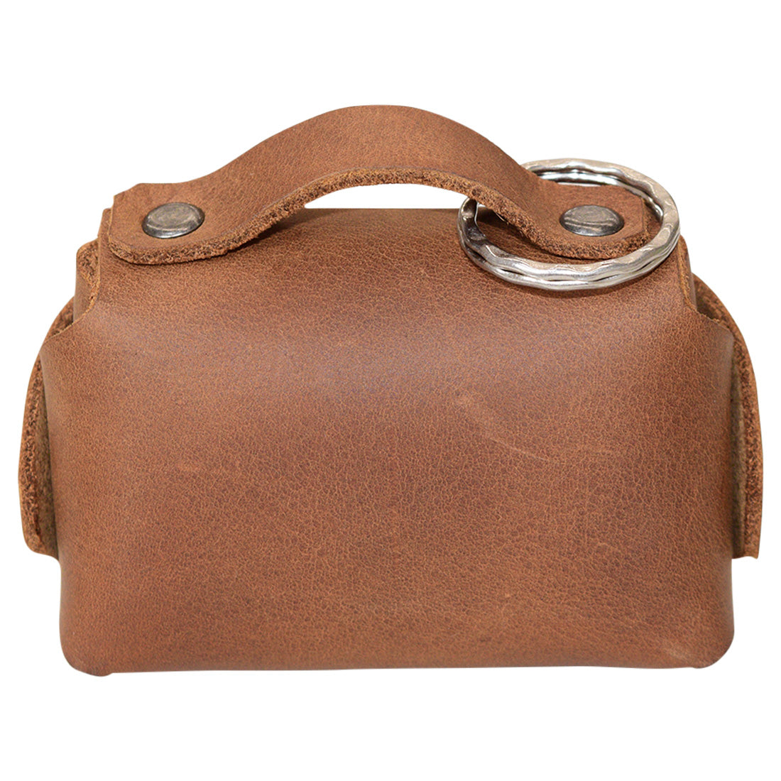 Back view of the Tiny Handbag Keychain in light brown leather, highlighting its sturdy design and key ring holder, created by Hide & Drink. This charming Tiny Handbag with Key Ring Holder showcases full grain leather and incorporates small batch production, hand cut, hand sewn, and fire branded techniques, artisanship from La Antigua Guatemala & Oaxaca Mexico.