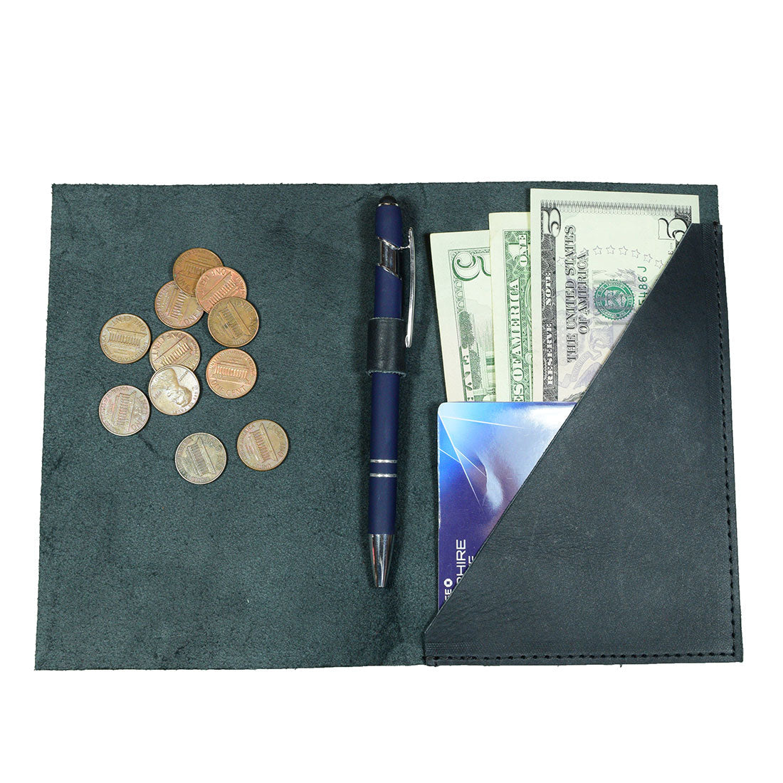 Bifold Check Presenter With Pen Slot by Hide & Drink, paired with coins demonstrating its suitability for cash management in dining situations. A practical and stylish accessory for servers. Bifold Check Presenter with Pen Slot for Restaurant & Cafe Accessories, Western Bill Holder, Full Grain Leather, Handmade Waiter and Waitress Accessory, Small Batch Production, Hand Cut, Hand Sewn, Fire Branded, Artisan, Handmade in La Antigua Guatemala & Oaxaca Mexico.