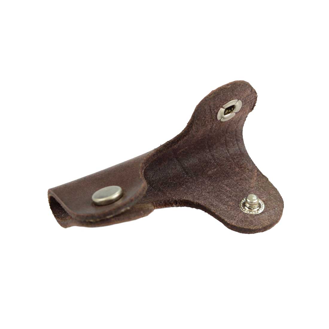 Side view of the Wrap Cord Keeper by Hide & Drink featuring a unique design for organizing cables. This full grain leather piece is an essential accessory and artisan product, handmade in La Antigua Guatemala & Oaxaca Mexico.