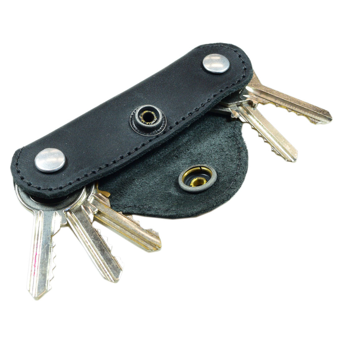 Back view of Hide & Drink's Double Swiss Knife Key Holder showcasing its sleek black Full Grain Leather design. This Handmade Multiple Key Organizer represents small batch production and artisan craftsmanship, perfect for everyday carry.