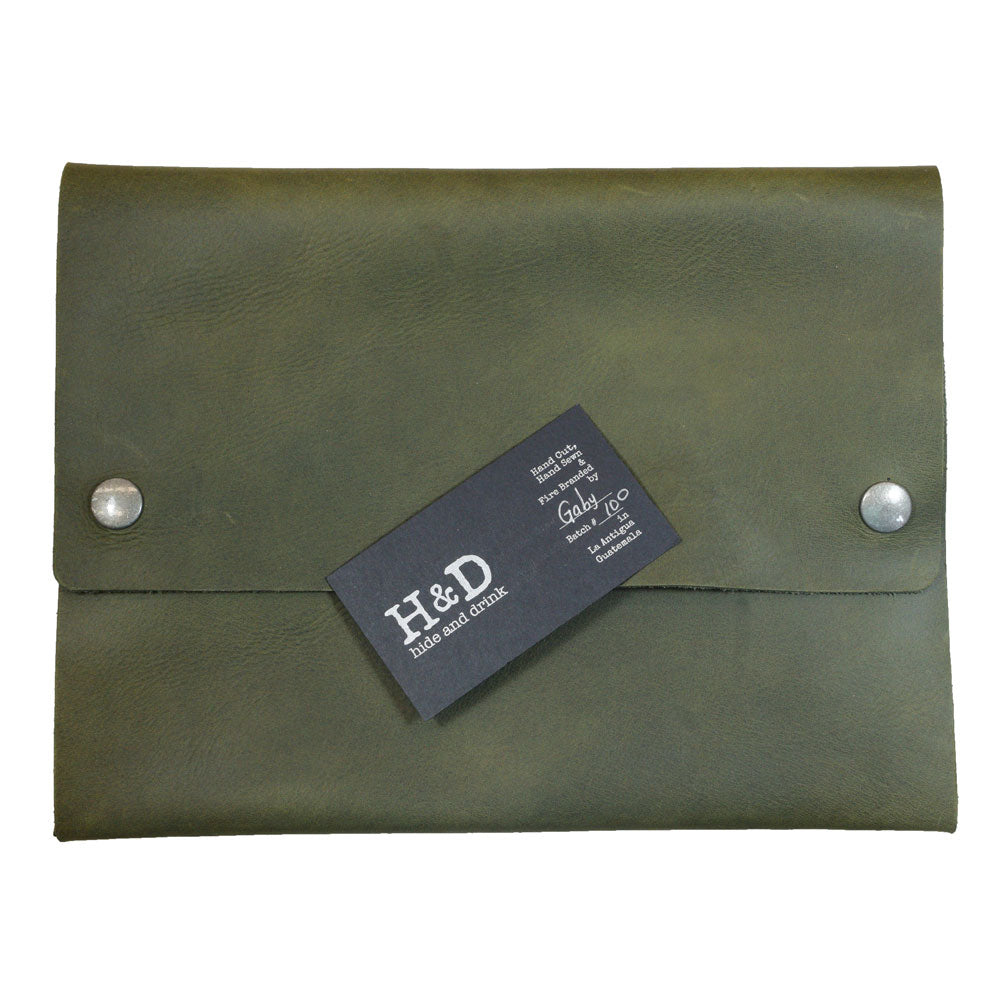Hide & Drink's olive green Multipurpose Portfolio with a business card, demonstrating its functional design for daily organization of important items, crafted from durable Full Grain Leather. Handmade in La Antigua Guatemala & Oaxaca Mexico.