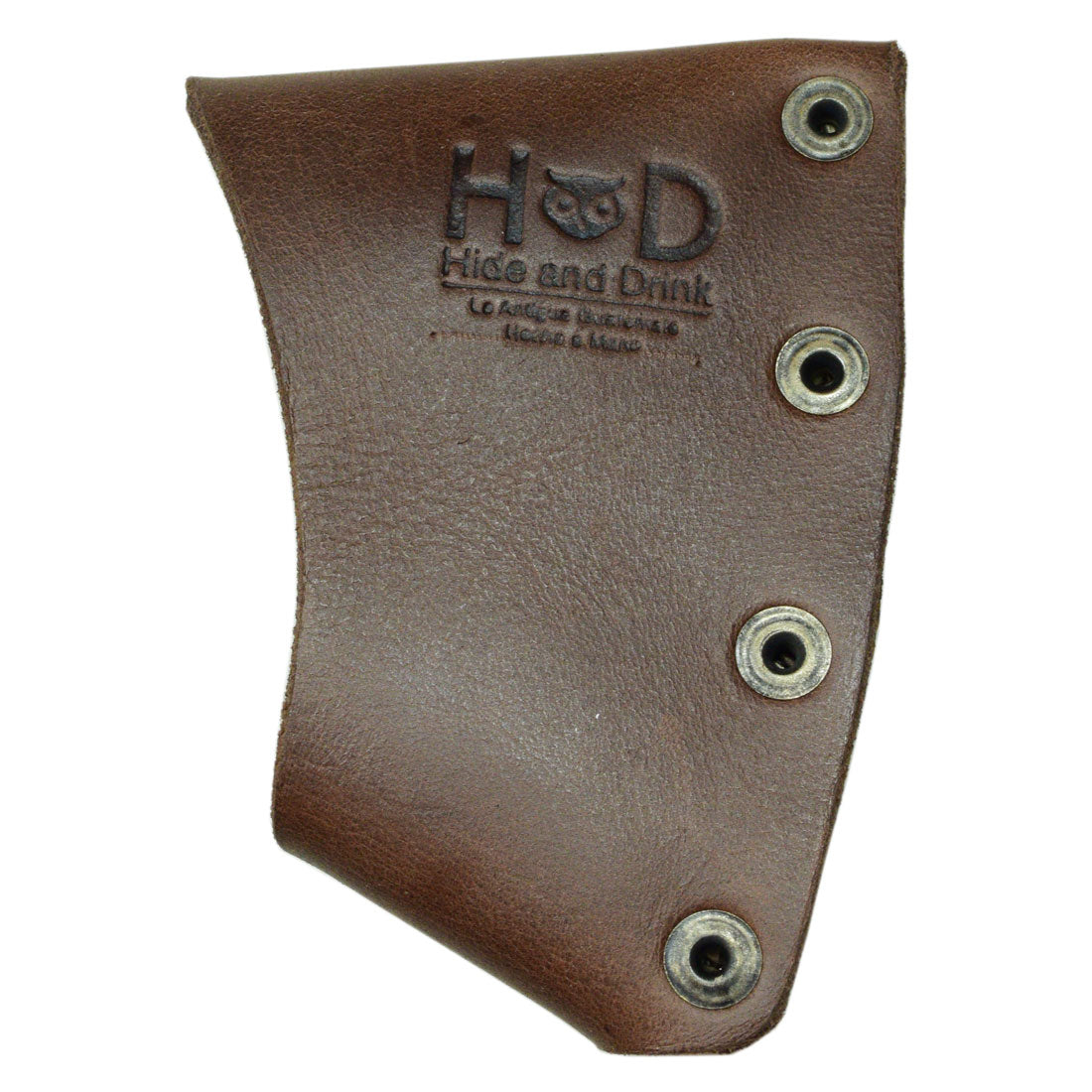 Structured view of Hatchet Blade Cover by Hide & Drink, highlighting its protective axe head sheath ideal for forest lovers. With full grain leather craftsmanship, it’s an essential camping accessory, skillfully handmade in La Antigua Guatemala & Oaxaca Mexico.