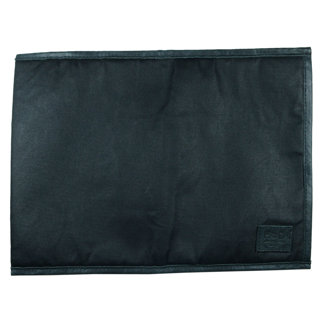 Laptop Sleeve 14 in. by Hide & Drink laying flat showcasing its minimalistic design. This sleeve is compatible with MacBook Air/Pro 13 Inch with M1 Chip, made from Waxed Canvas, emphasizing small batch production, and reflects the quality of hand cut, hand sewn, and fire branded craftsmanship by artisans in La Antigua Guatemala & Oaxaca Mexico.