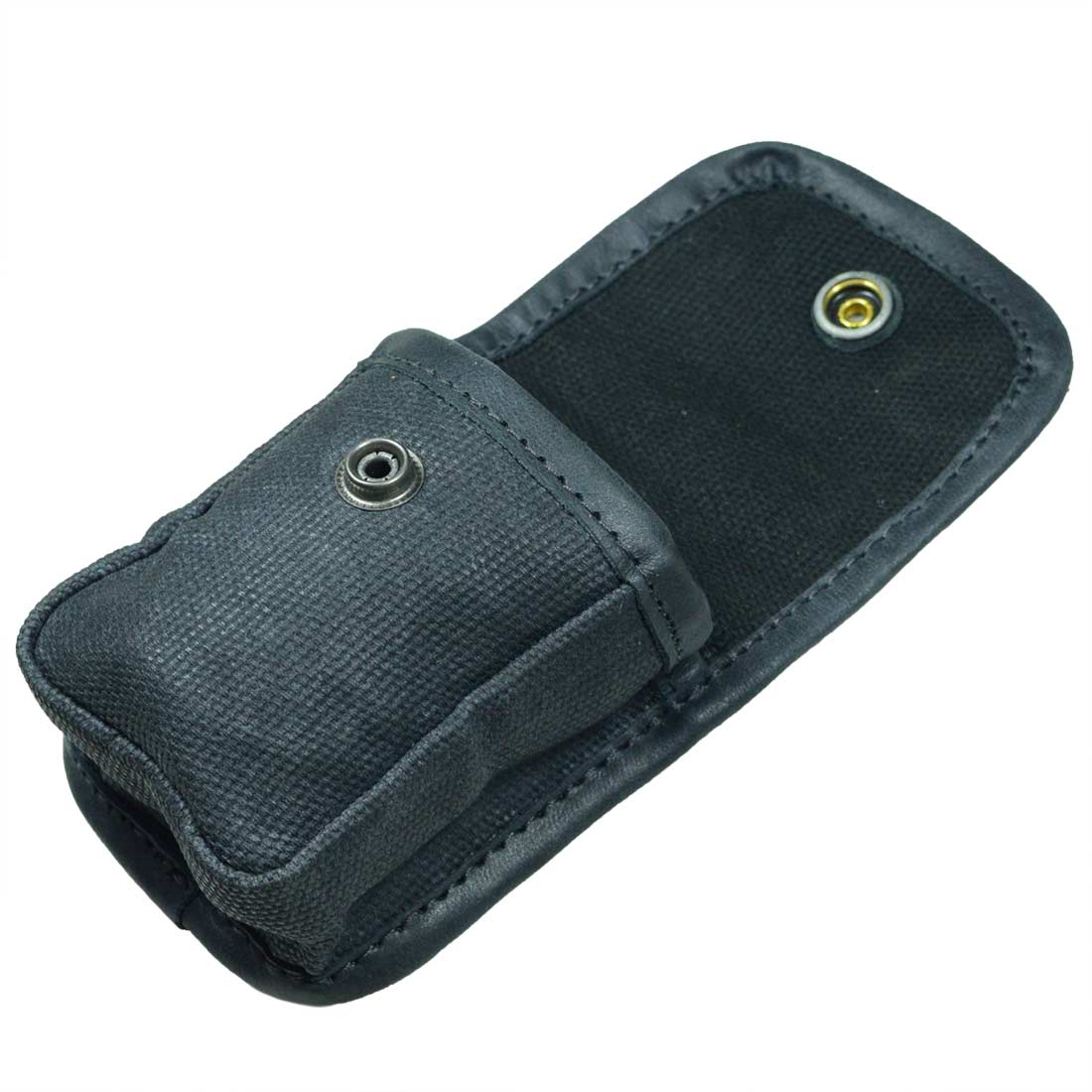 Hide & Drink's Mini Belt Pouch displayed with its flap open, presenting its practical and spacious design. This utility pouch is ideal for hiking and outdoor accessories, made from water-resistant waxed canvas, signifying stockyardX's small batch production with artisanal hand-cut and hand-sewn techniques from La Antigua Guatemala & Oaxaca Mexico.