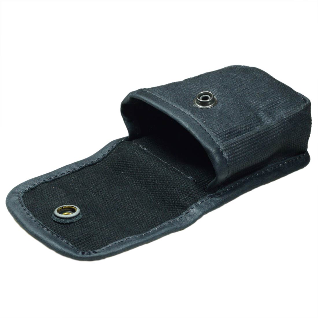 Hide & Drink's Mini Belt Pouch from a side view, illustrating its sleek tabletop design. This multipurpose hip bag is perfect for camping and fishing, crafted from water-resistant waxed canvas, showcasing stockyardX quality through hand-cut and hand-sewn artisan craftsmanship, made in La Antigua Guatemala & Oaxaca Mexico.