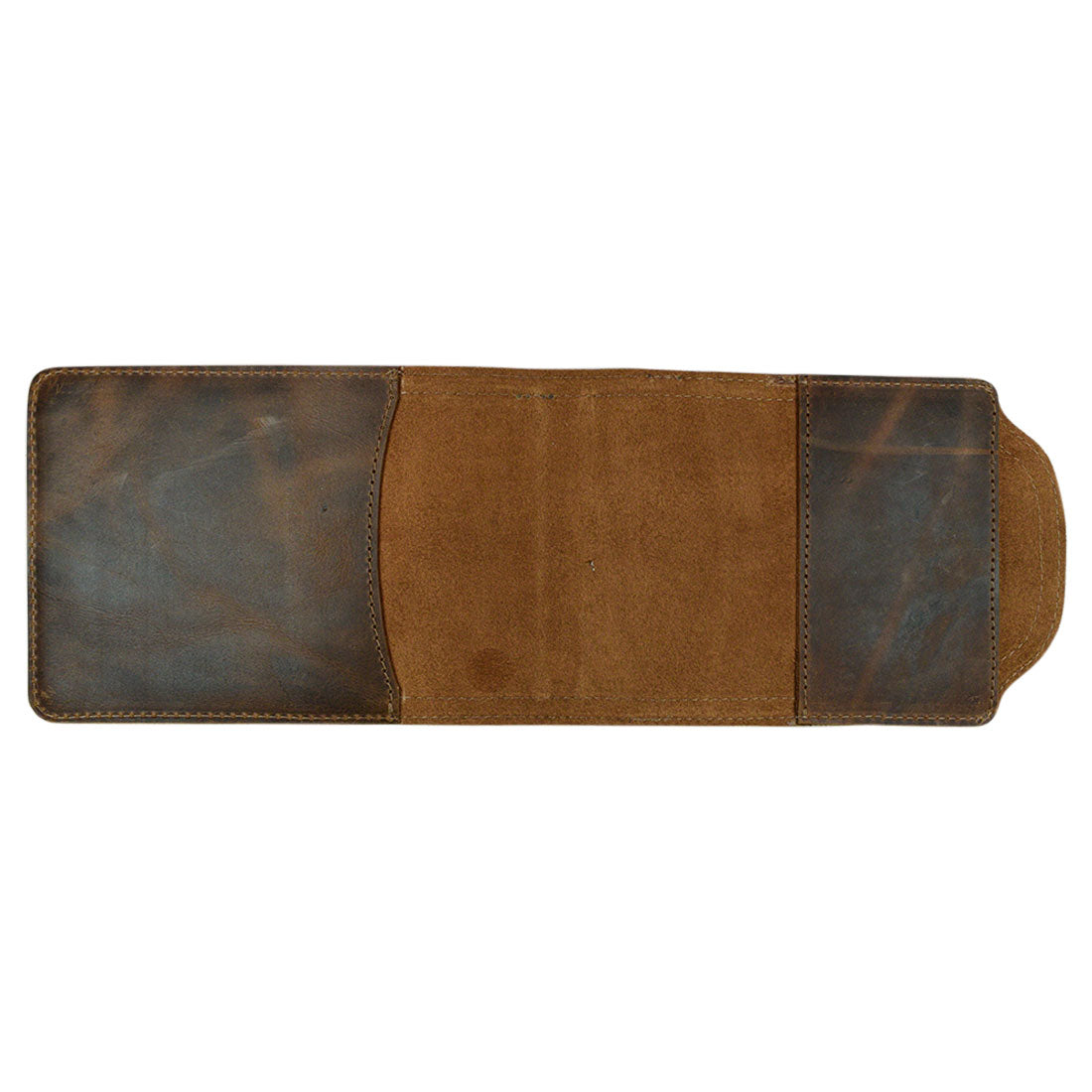 Back view of Hide & Drink Hard Cover Reporter Protector Large (5 x 8.25 in.) Notebook NOT Included, illustrating the durable suede lining. This handmade leather cover offers quality and style, made in La Antigua Guatemala and features for preventing biting and chewing, ideal for dog training.
