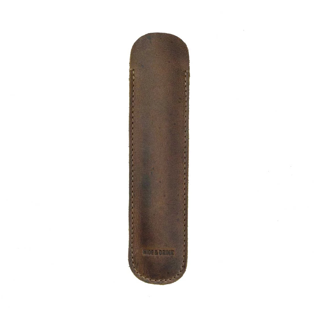 A close-up of the Vintage Pen Sleeve from Hide & Drink, highlighting its exquisite craftsmanship and quality of Full Grain Leather. This handmade item is perfect for those who appreciate artisan products in their office essentials.