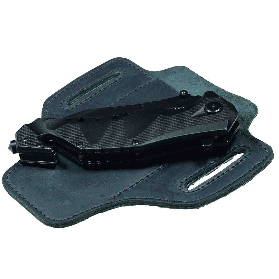 Hide & Drink's Tactical Knife Holster with a multitool stored inside, made from durable black Full Grain Leather. This Tactical Knife Leather Holster serves as a great multitool holder, enhancing your camping & outdoor accessories collection, expertly crafted in La Antigua Guatemala & Oaxaca Mexico.