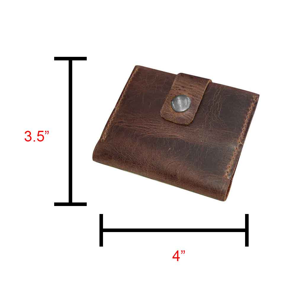 Dimensions of the Hide & Drink Squared Wallet, measuring 4 inches by 3.5 inches, spotlighting its compact design. Crafted from Full Grain Leather, this Bifold Simple Wallet represents Hand Cut and Hand Sewn quality in artisan fashion.