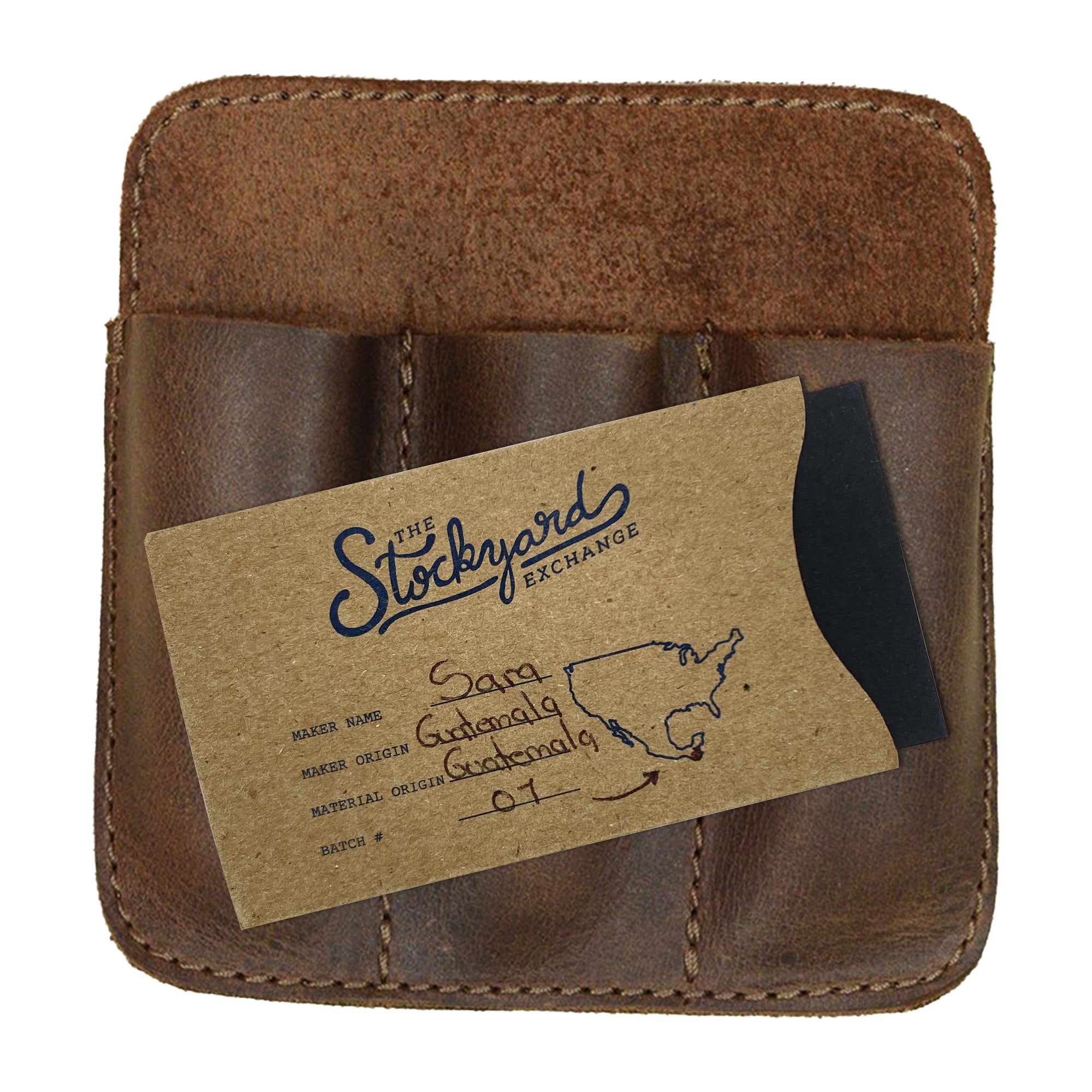 Hide & Drink Minimalist Tool Pocket with a business card inside, showcasing its multifunctionality. This Full Grain Leather Tool Pocket Pouch is meticulously handmade in La Antigua Guatemala, aligning with StockyardX's small batch production concept.