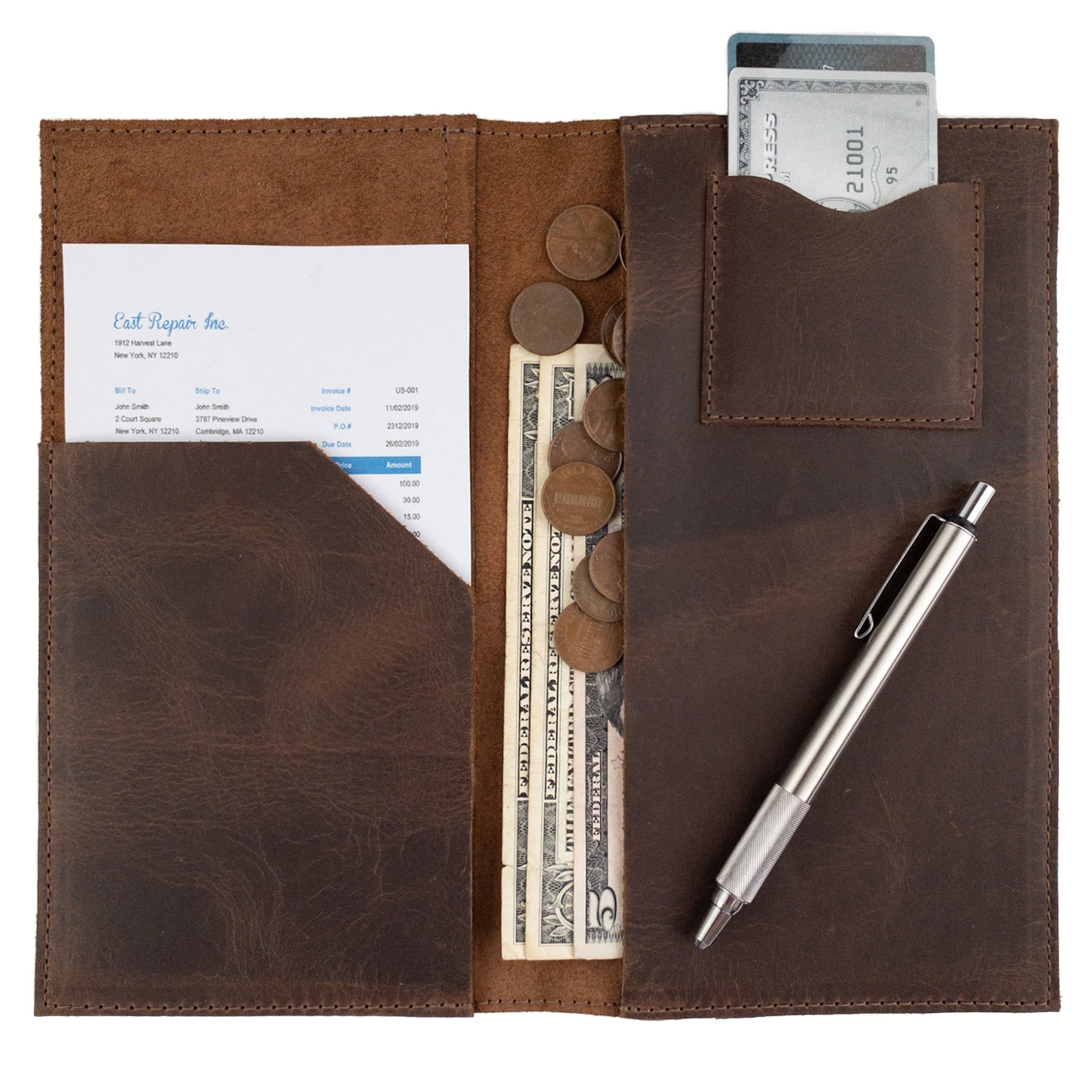 Fancy Check Presenter by Hide & Drink in use, displaying cash and cards within its Full Grain Leather pockets. An essential restaurant accessory, this artisan product is hand sewn and fire branded, embodying the essence of small batch production.