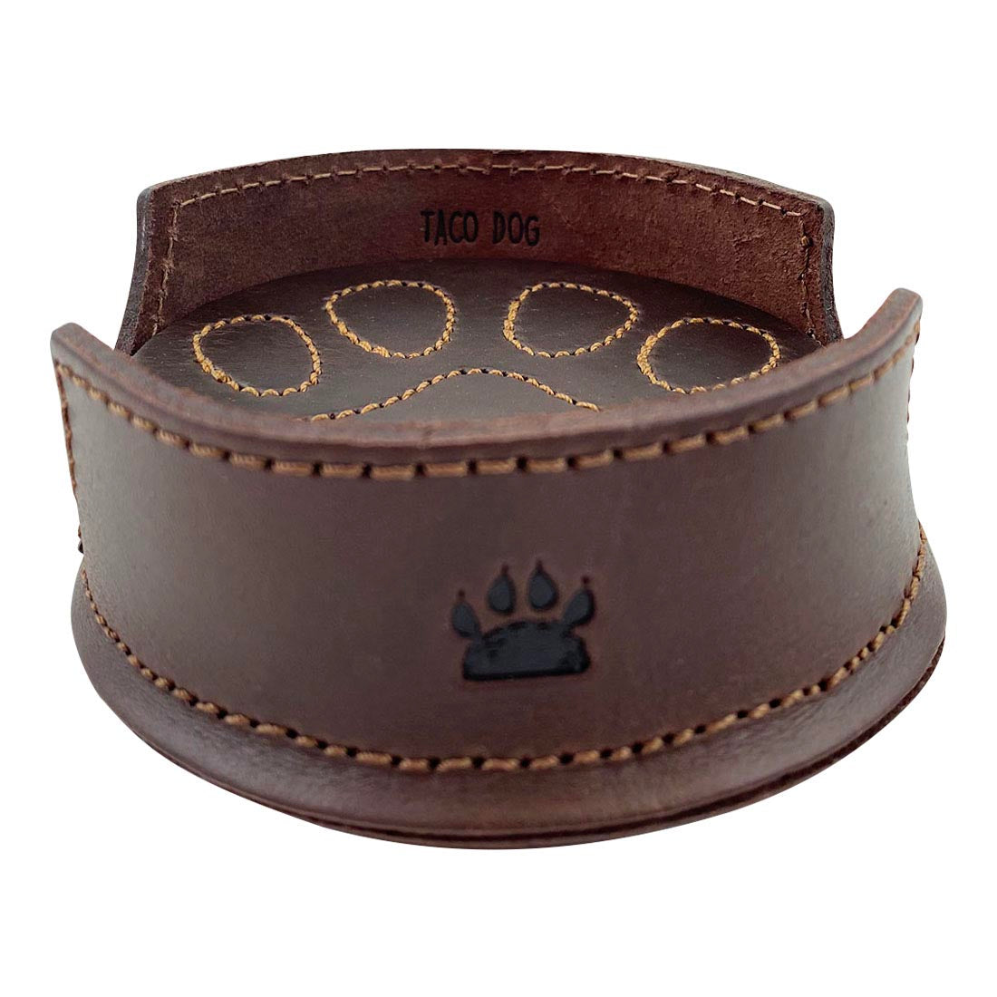 Sleek design of the Taco Dog Paw Print Coasters holder, emphasizing craftsmanship and durability. This set of 6 with holder enhances home decor, protects surfaces from hot & cold drinks, and makes a perfect gift for dog lovers. Artisan made from full grain leather in La Antigua Guatemala.