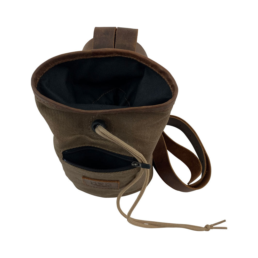 Hide & Drink Chalk Bag showing the interior design, featuring durable Waxed Canvas and Full Grain Leather construction. Perfectly suited for rock climbing and gymnastics, this artisan pouch includes a zippered pocket and is crafted by hand in La Antigua Guatemala & Oaxaca Mexico.