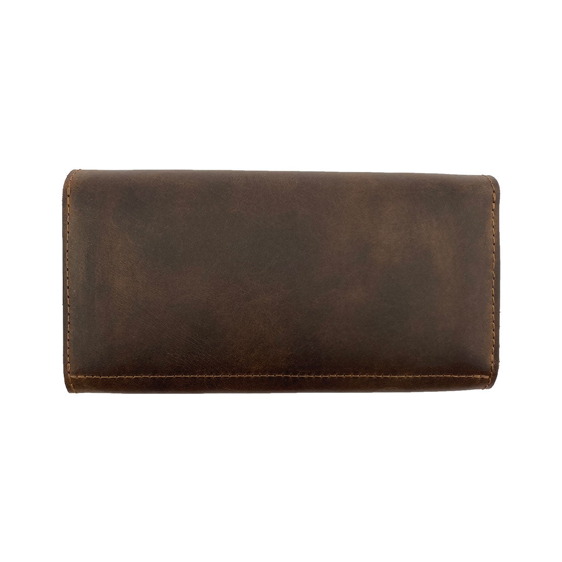 Back view of Heather's Tri Fold Folio Wallet, showcasing its minimalist design and full grain leather craftsmanship. This Tri Fold Folio Wallet is perfect for any woman looking for a stylish organizer. Handmade with care, it's a card saver with a button closure, made in La Antigua Guatemala & Oaxaca Mexico.