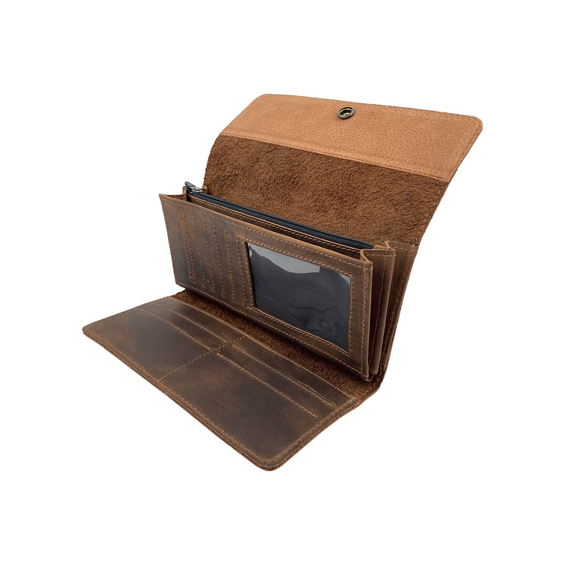 Inside of Heather's Tri Fold Folio Wallet, displaying its spacious compartments and organization features. This stylish organizer is a Tri Fold Folio Wallet that offers women a minimalist solution for carrying cards and cash. Handcrafted from full grain leather in small batches in La Antigua Guatemala & Oaxaca Mexico.