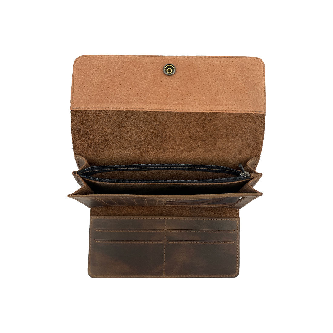 Top view of Heather's Tri Fold Folio Wallet, emphasizing its sleek design and quality craftsmanship. This Tri Fold Folio Wallet is a stylish organizer for women, featuring a button closure and made from durable full grain leather, showcasing handmade excellence from La Antigua Guatemala & Oaxaca Mexico.