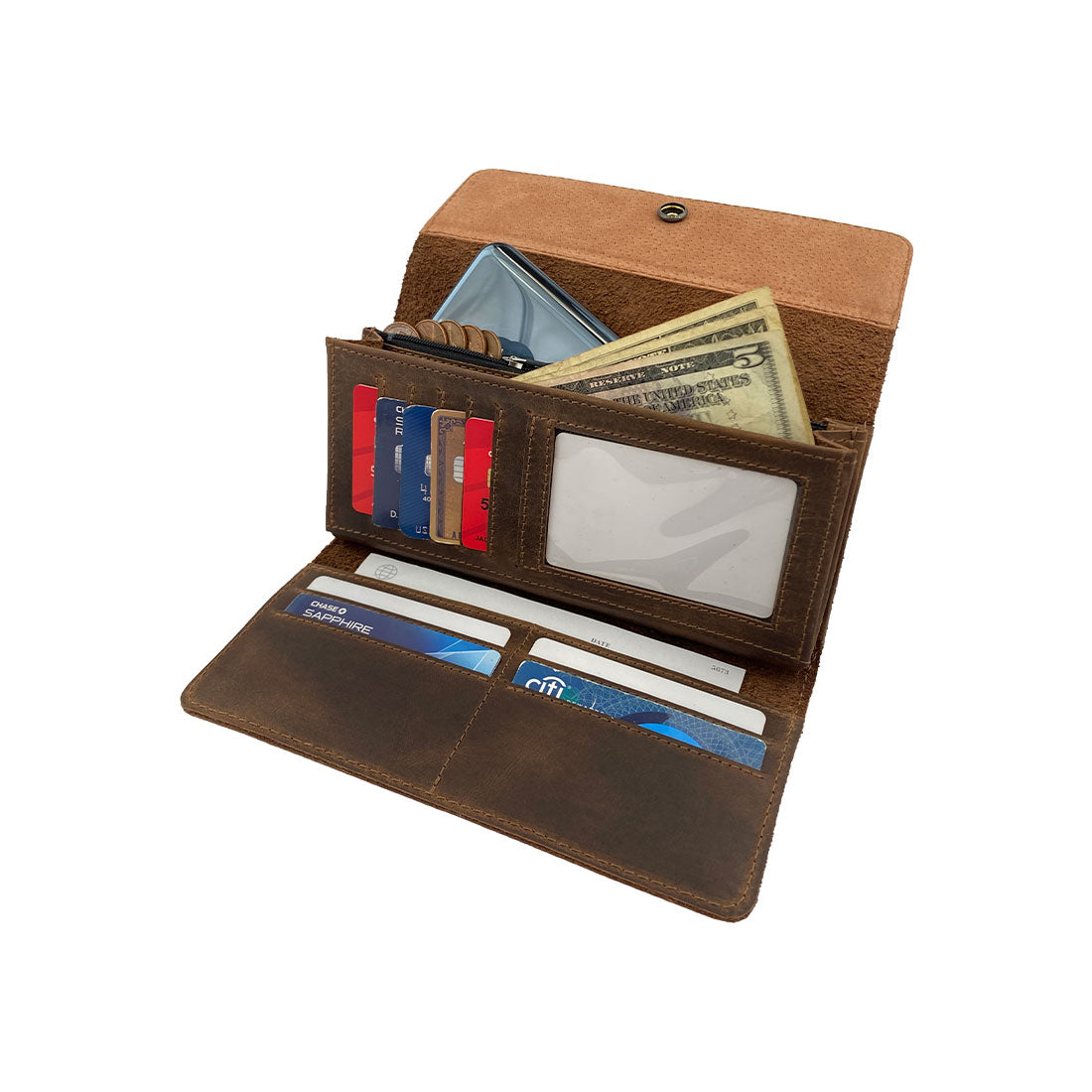Inside view of Heather's Tri Fold Folio Wallet, featuring organized compartments filled with cards and cash. This Tri Fold Folio Wallet is a perfect minimalist accessory for women, showcasing a stylish button closure and a zipper coin pocket, handcrafted from premium full grain leather in La Antigua Guatemala & Oaxaca Mexico.