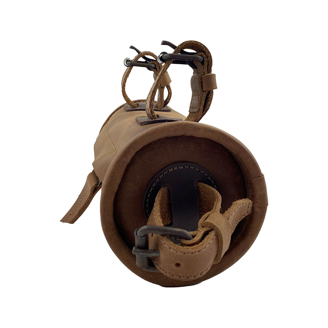 Hide & Drink Bike Bag viewed from the back, highlighting the full grain leather and secure attachment for bicycles. This artisan crafted cylinder tube pouch is a perfect bicycle accessory, handmade in La Antigua Guatemala & Oaxaca Mexico, combining style and functionality.