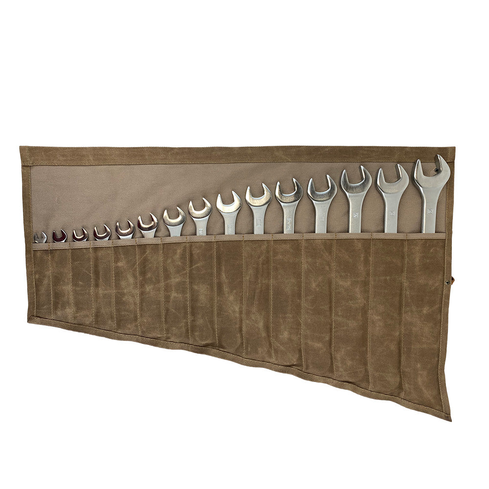 Hide & Drink Wrench Roll (15 Pockets), crafted from Water Resistant Waxed Canvas, offers a practical and stylish way to store wrenches, made with artisan quality in La Antigua Guatemala & Oaxaca Mexico.