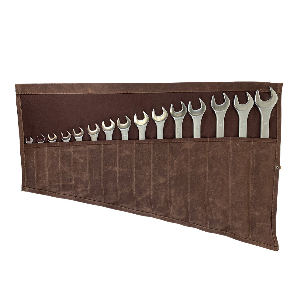 Hide & Drink Wrench Roll (15 Pockets), showcasing a durable Water Resistant Waxed Canvas design, ideal for keeping wrenches secure in a large, portable storage solution, made with care in La Antigua Guatemala & Oaxaca Mexico.
