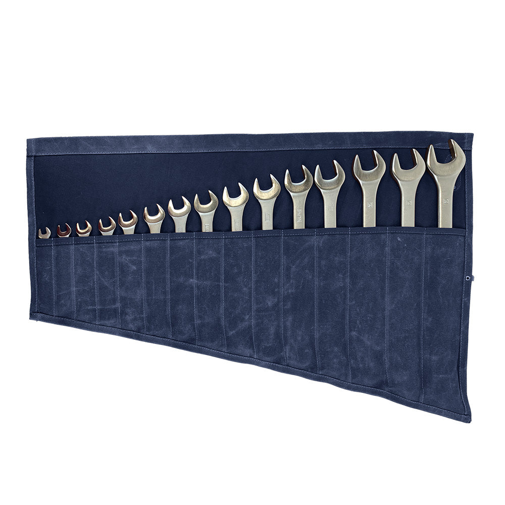 Hide & Drink Wrench Roll (15 Pockets), showcasing a Water Resistant Waxed Canvas design, ideal for tool organization, crafted by artisans in La Antigua Guatemala & Oaxaca Mexico.