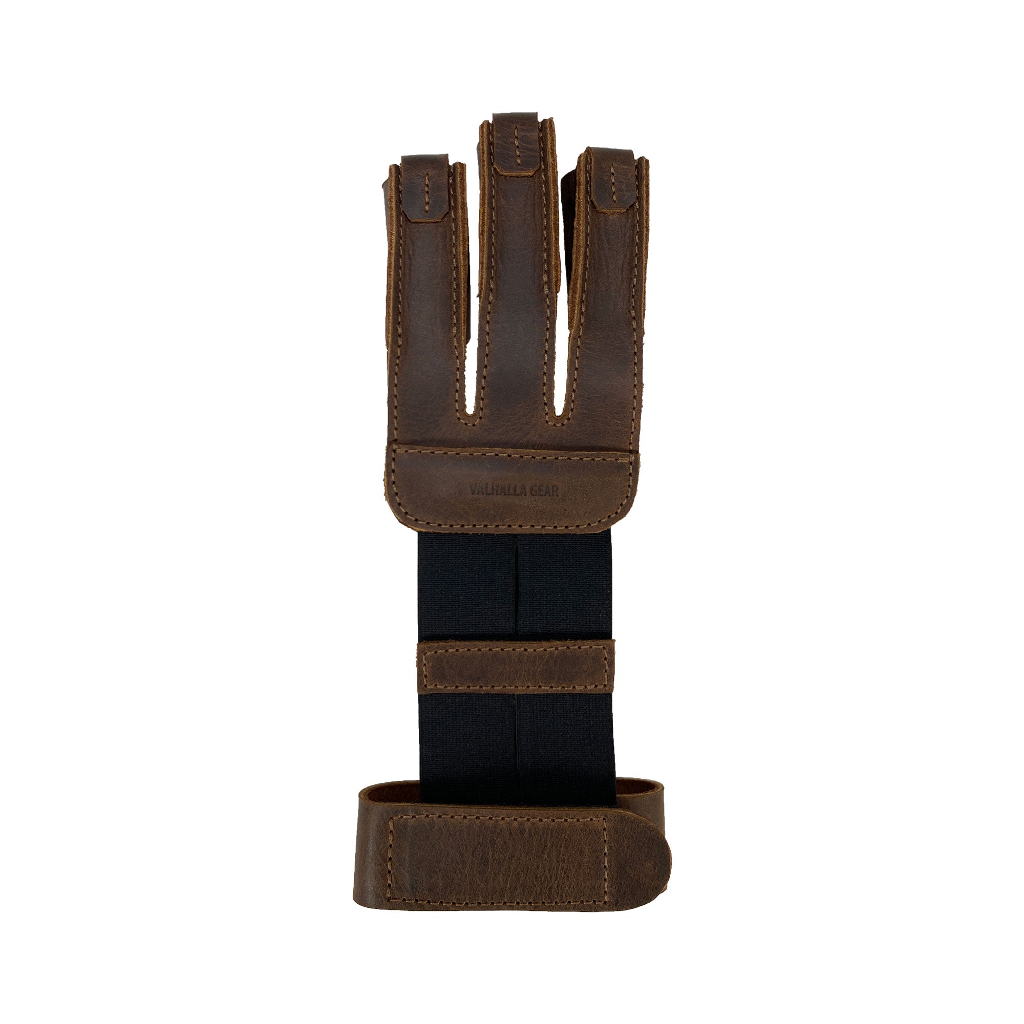 Valhalla Gear Three-Finger Archery Glove featuring a durable full grain leather construction, ideal for archers looking for reliable protection for their wrist and fingers while practicing bow and arrow shooting. This handmade accessory, crafted with care, is a testament to artisan work, highlighting small batch production, hand cut, hand sewn techniques, and is fire branded, proudly made in La Antigua Guatemala & Oaxaca Mexico.