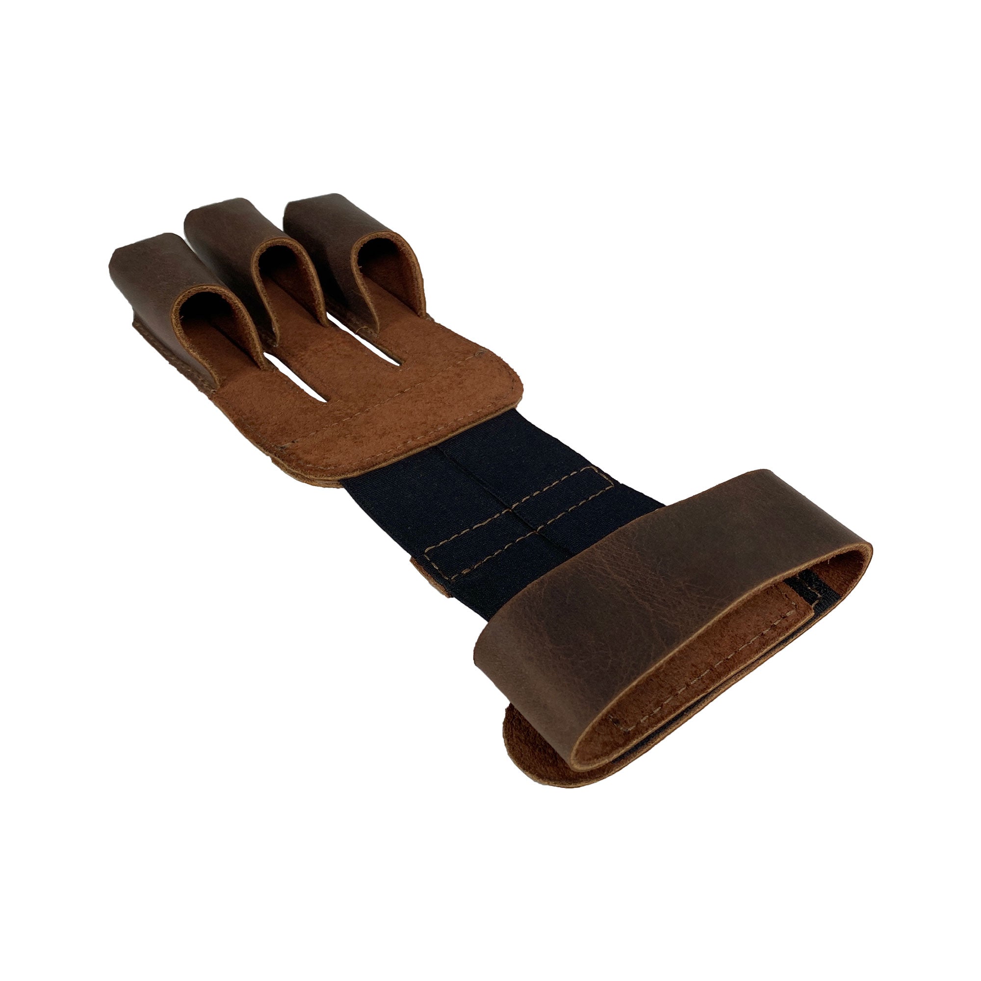 Side view of Valhalla Gear Three-Finger Archery Glove, crafted from full grain leather, suitable for bow and arrow shooting. This handmade accessory offers essential protection for wrist and fingers, perfect for target practice. Emphasizing artisan skills, it's hand cut, hand sewn, fire branded, and made in La Antigua Guatemala & Oaxaca Mexico, reflecting the brand's commitment to small batch production.