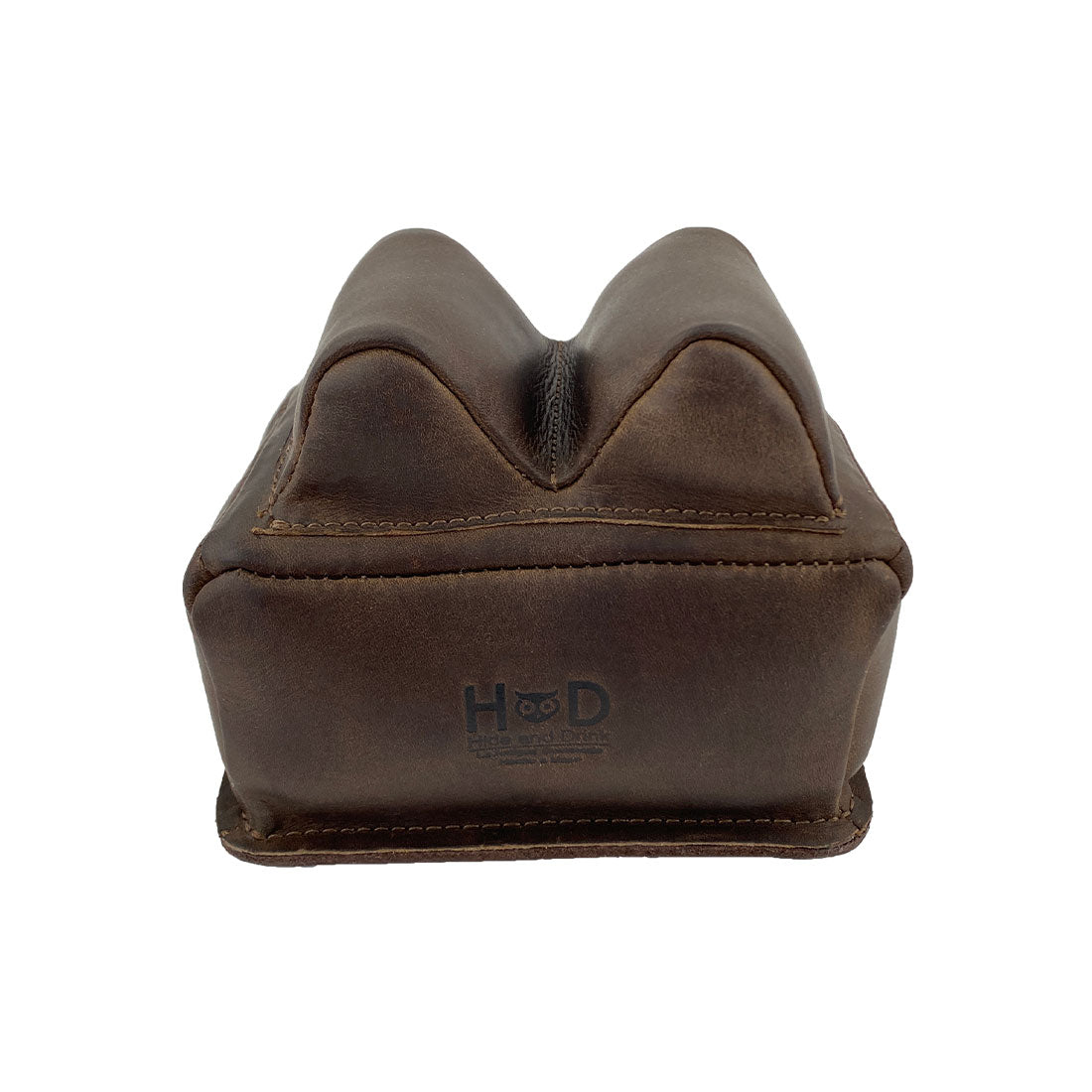 Hide & Drink Guitar Neck Rest viewed from the back, crafted from high-quality full grain leather for supporting guitars and other string instruments. This handmade tool, perfect for string changing, repair, and cleaning, reflects the skilled craft of artisans in La Antigua Guatemala and Oaxaca Mexico.