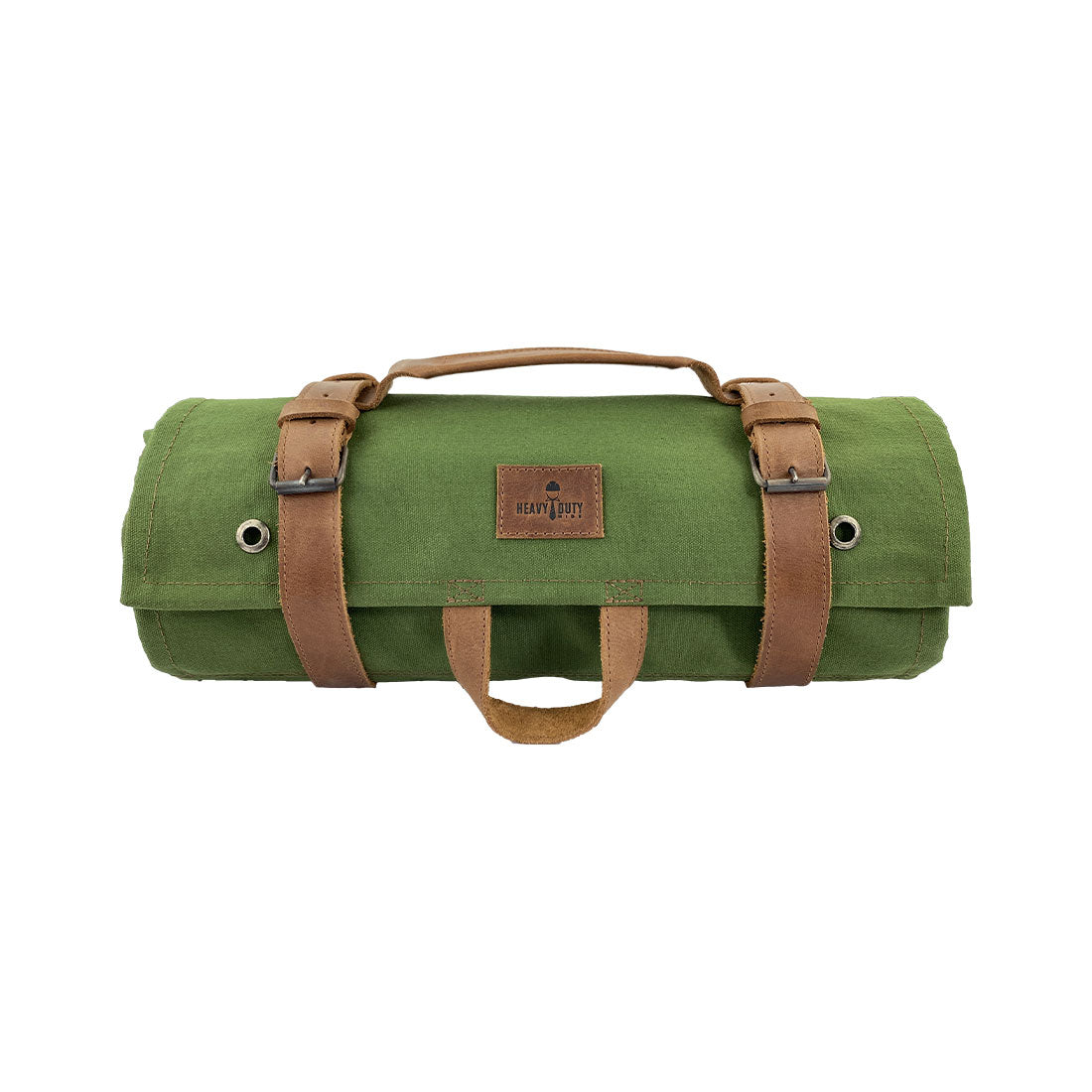 Rolled-up view of the Super Tool Roll - Multi-purpose Roll Storage Bag & Wrench Pouch - Olive, showcasing its compact design. This bag by Heavy Duty Hide combines durability and style for everyday utility. Super Tool Roll - Multi-purpose Tool Storage Bag Handmade from Water Resistant Canvas and Full Grain Leather - Wrench Roll Pouch & Tool Organizer Bucket - Strong & Lightweight, Small Batch Production, Hand Cut, Hand Sewn, Fire Branded, Artisan, Handmade in La Antigua Guatemala & Oaxaca Mexico.