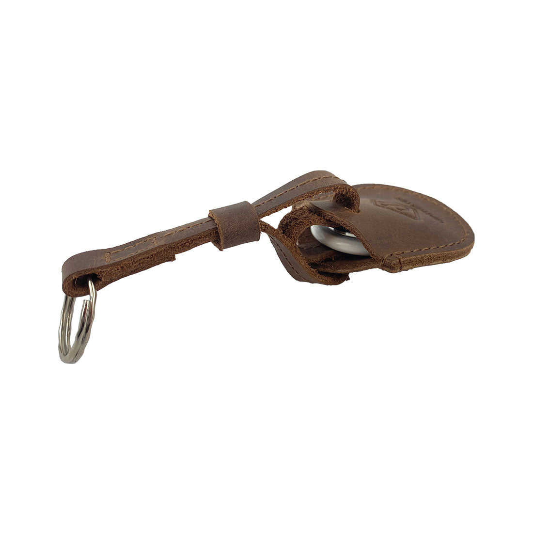 Stylish LeatherTex Rustic Strap Keyring for AirTag displayed with keys inside the leather pouch. This durable keychain holder for car and home serves as a practical key organizer accessory made from premium full grain leather, handmade in La Antigua Guatemala by skilled artisans.