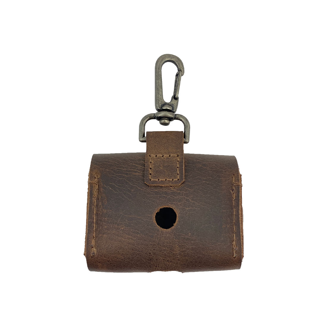 Airpods Pro Case Keychain by Hide & Drink - The back view showcases a compact carrier designed for convenience. This stylish, protective case features full grain leather and a snap hook, ideal for everyday use or travel. Artisan crafted in La Antigua Guatemala & Oaxaca Mexico.