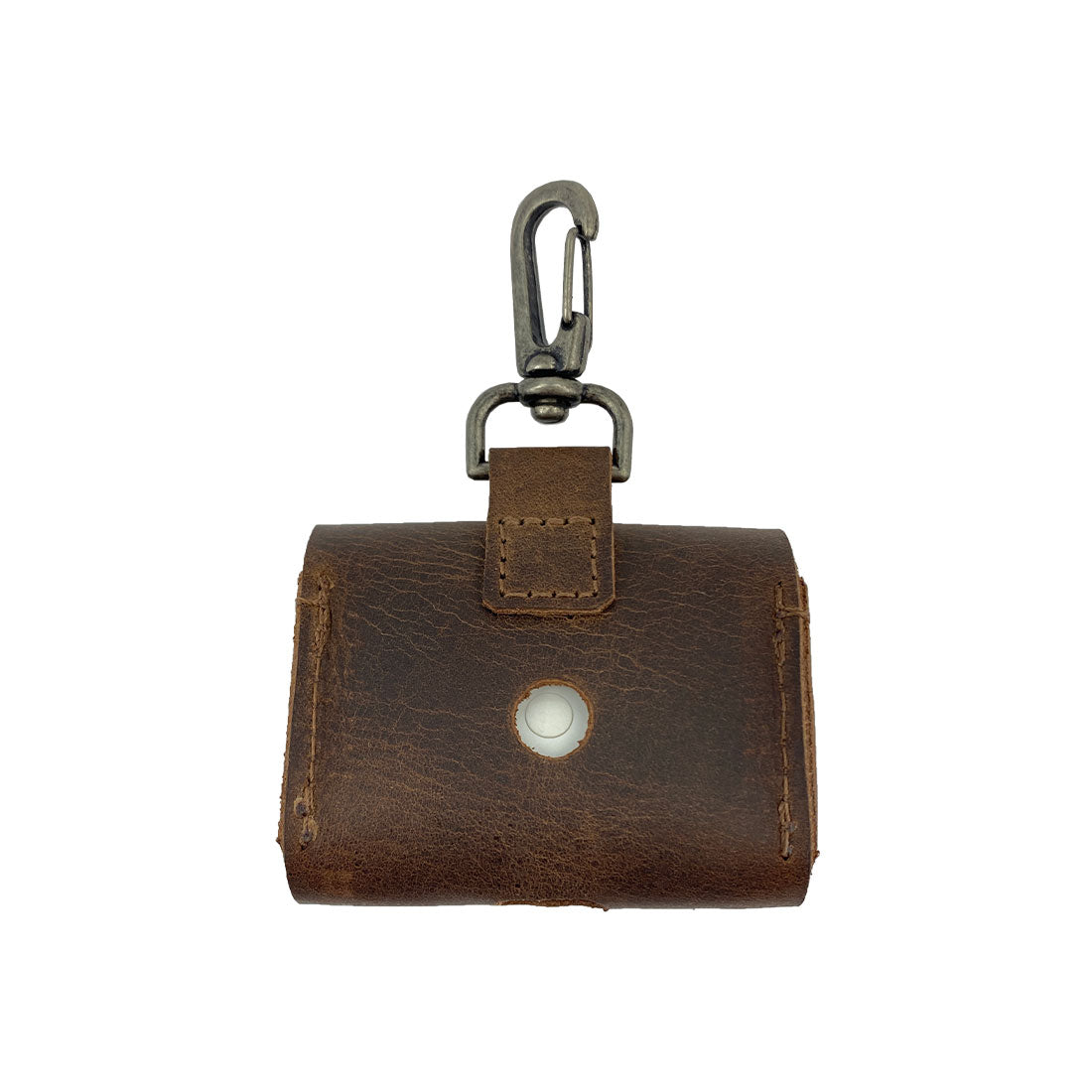 Airpods Pro Case Keychain by Hide & Drink - Showing the back with a charging hole, this case is a protective and cute accessory. Made from full grain leather with a snap hook, it's perfect for everyday use or travel, artisan crafted in La Antigua Guatemala & Oaxaca Mexico.