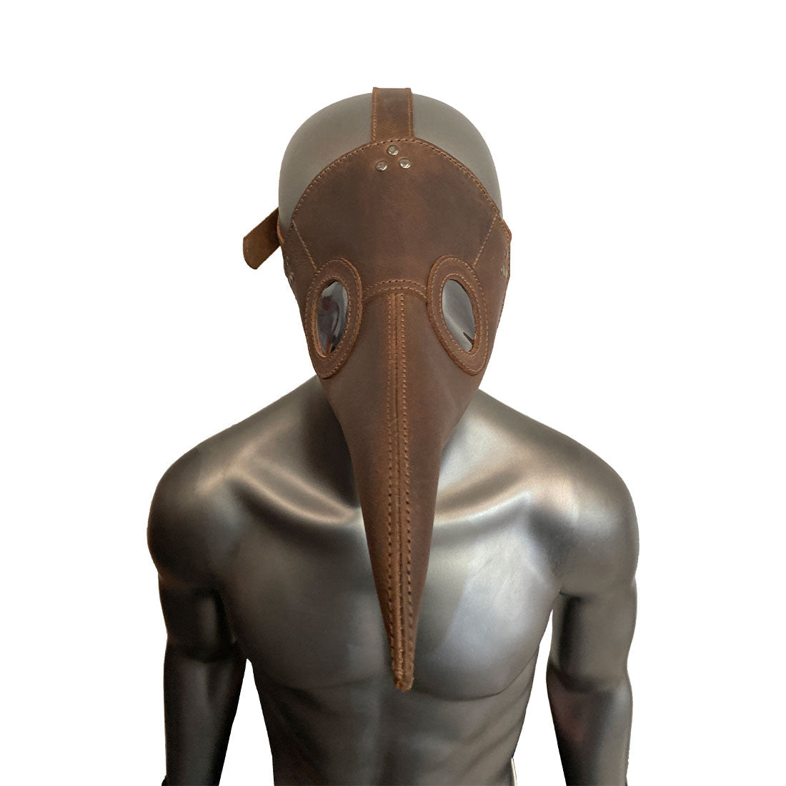 Front view of the Plague Mask for Cosplay by Hide & Play, showcasing its unique style and craftsmanship. Made from durable full grain leather, this adjustable mask is ideal for various costume events and performances, artisanal design from Guatemala.