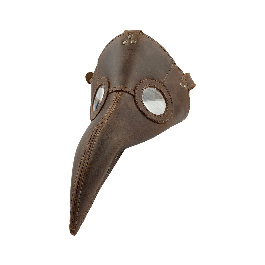 Detailed view of the Plague Mask for Cosplay by Hide & Play, highlighting its intricate leather design. Ideal for cosplay, Halloween, and theatrical uses, it features an adjustable strap and is made from high-quality, hand cut leather from Guatemala.