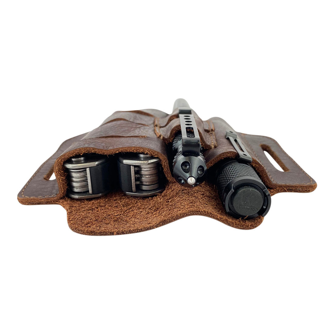 Interior view of the Urban Tactical Tool Holster by Hide & Drink, featuring a multi-tool and flashlight showing storage capability. This Urban Tactical Tool Holster - Durable Accessory for Carrying Tools with Easy Belt Attachment - Great for Multi-Tool, Pliers, Flashlight, highlights exceptional craftsmanship, artisan made in La Antigua Guatemala & Oaxaca Mexico.