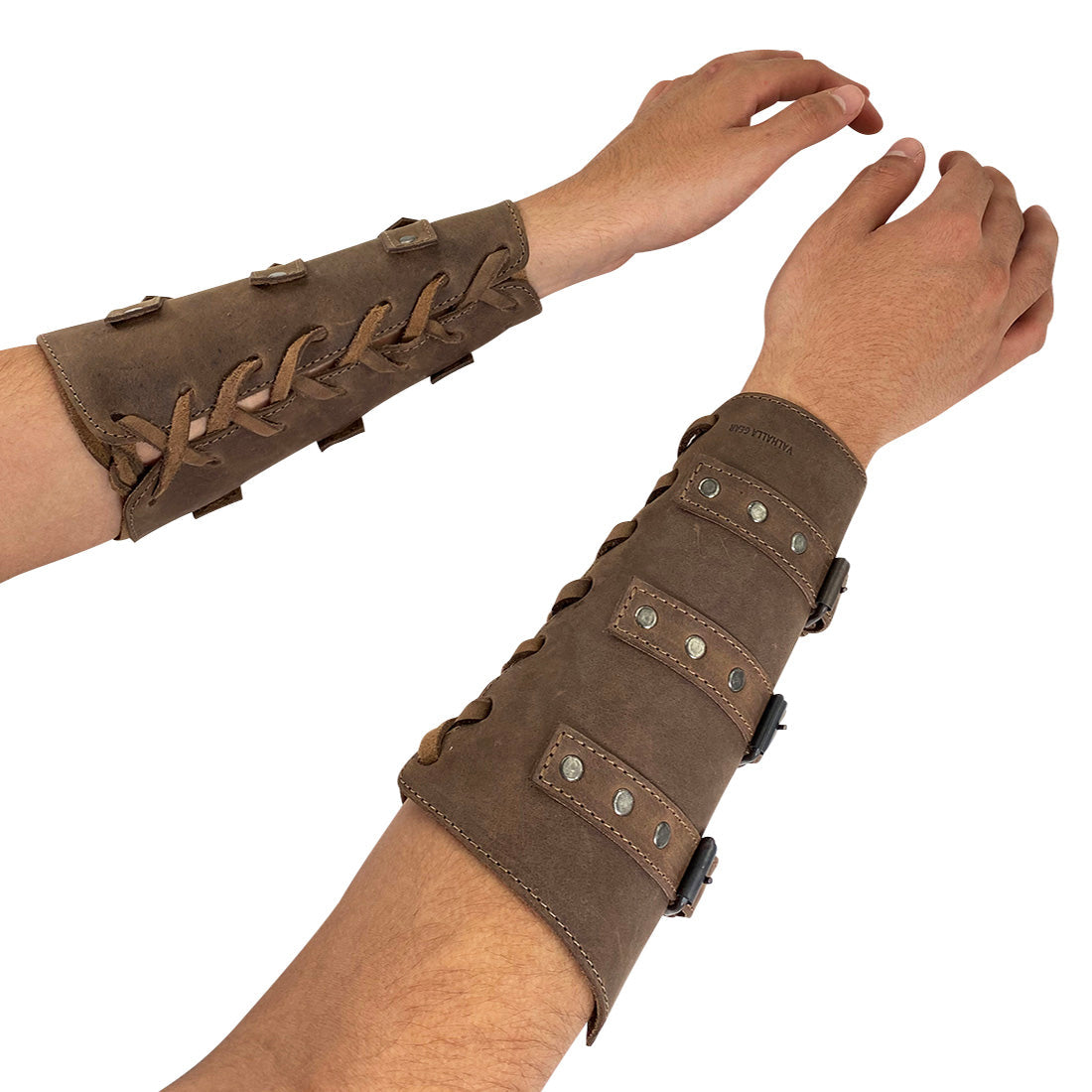 Model wearing Valhalla Gear Set of 2 Archery Buckle Bracers while preparing for a bow shot. Showcasing the design as a hand protector for bow shooting practice, with adjustable straps for a secure fit.