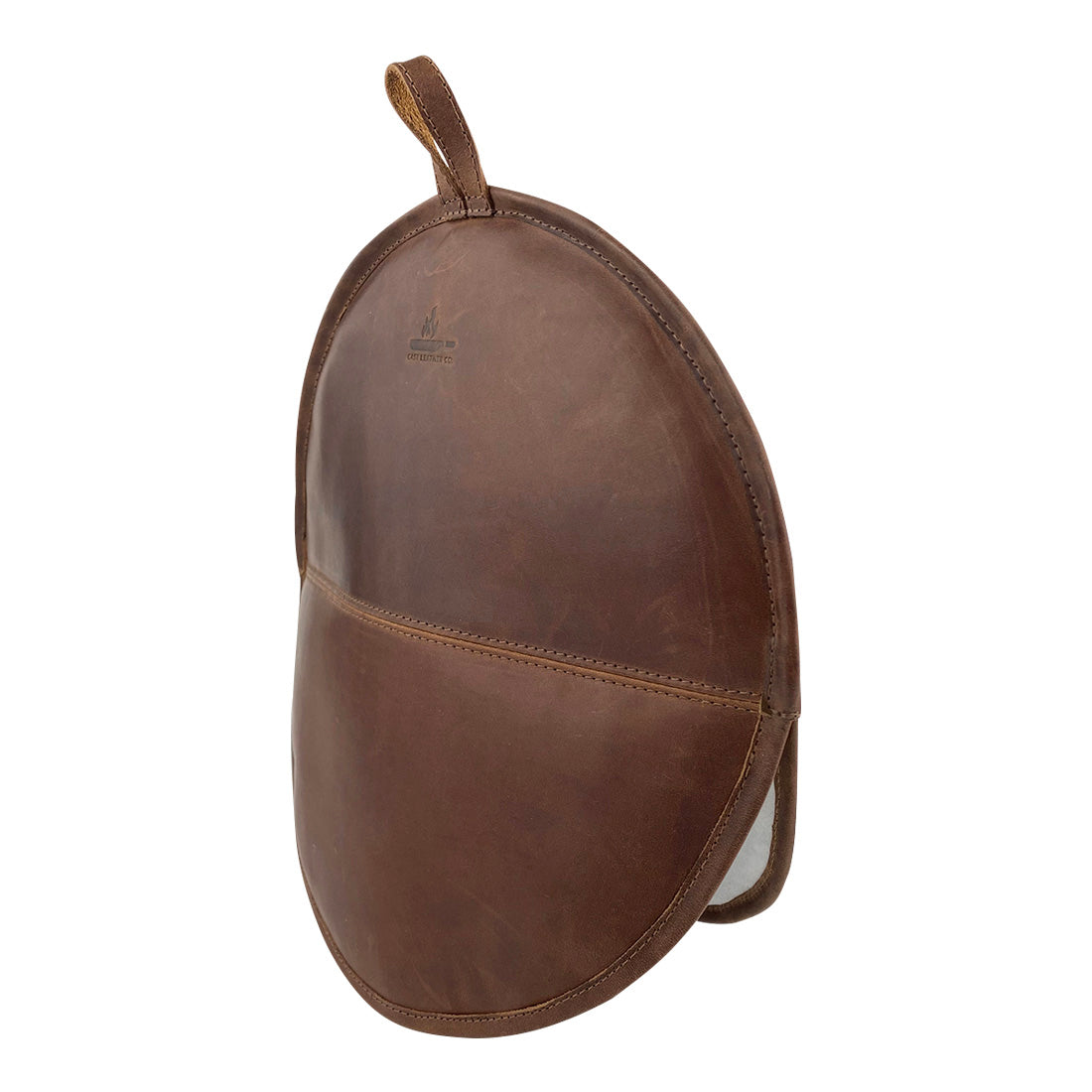 A Tortilla Warmer from Cast Leather Co., captured from the front, featuring a durable and stylish design for keeping tortillas warm. This Tortilla Warmer Pouch is also a Fabric Tortilla Heater Pouch made from full grain leather through small batch production, hand cut, hand sewn, fire branded, and artisan crafted in La Antigua Guatemala & Oaxaca Mexico.