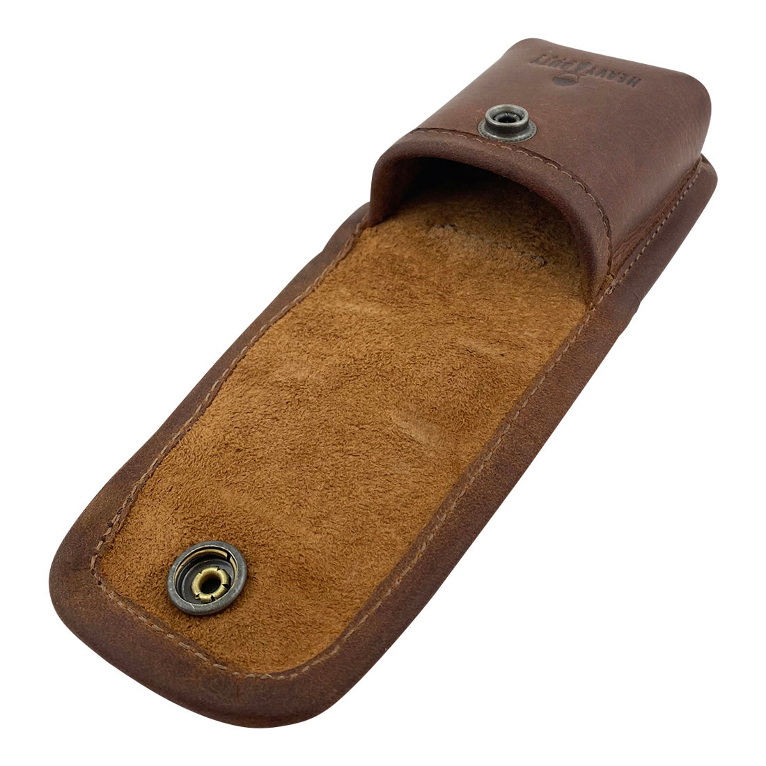 Inside view of Heavy Duty Hide Multitool Sheath showing the fine leather texture and snap closure mechanism. This full grain leather utility case is designed for ease of access, making it a vital tactical accessory. Handcrafted in La Antigua Guatemala.