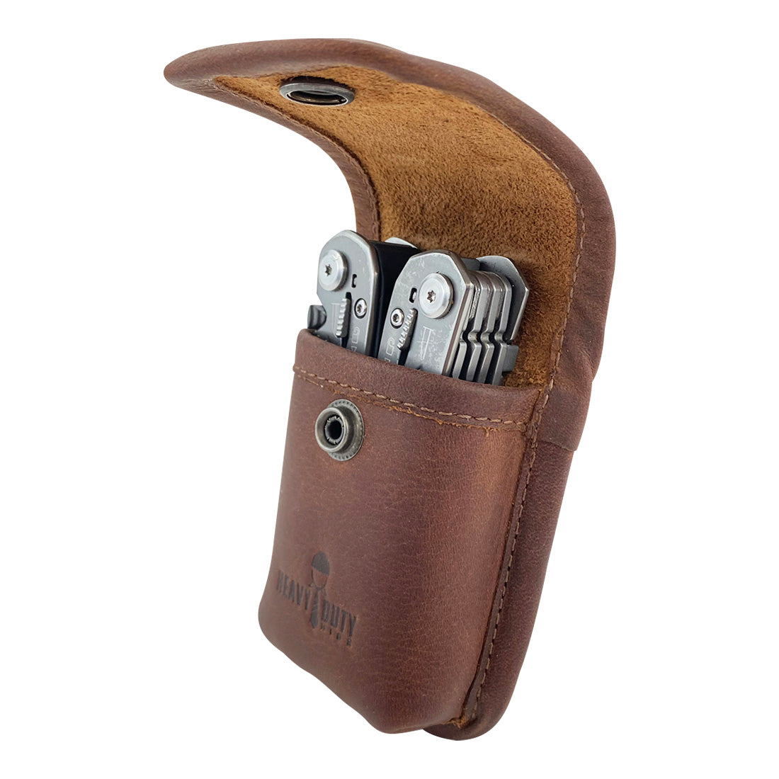 Heavy Duty Hide Multitool Sheath partially open with multitools visible, showcasing its spacious capacity. This artisan-crafted full grain leather utility pouch is ideal for on-the-go access to your tools, made in La Antigua Guatemala.