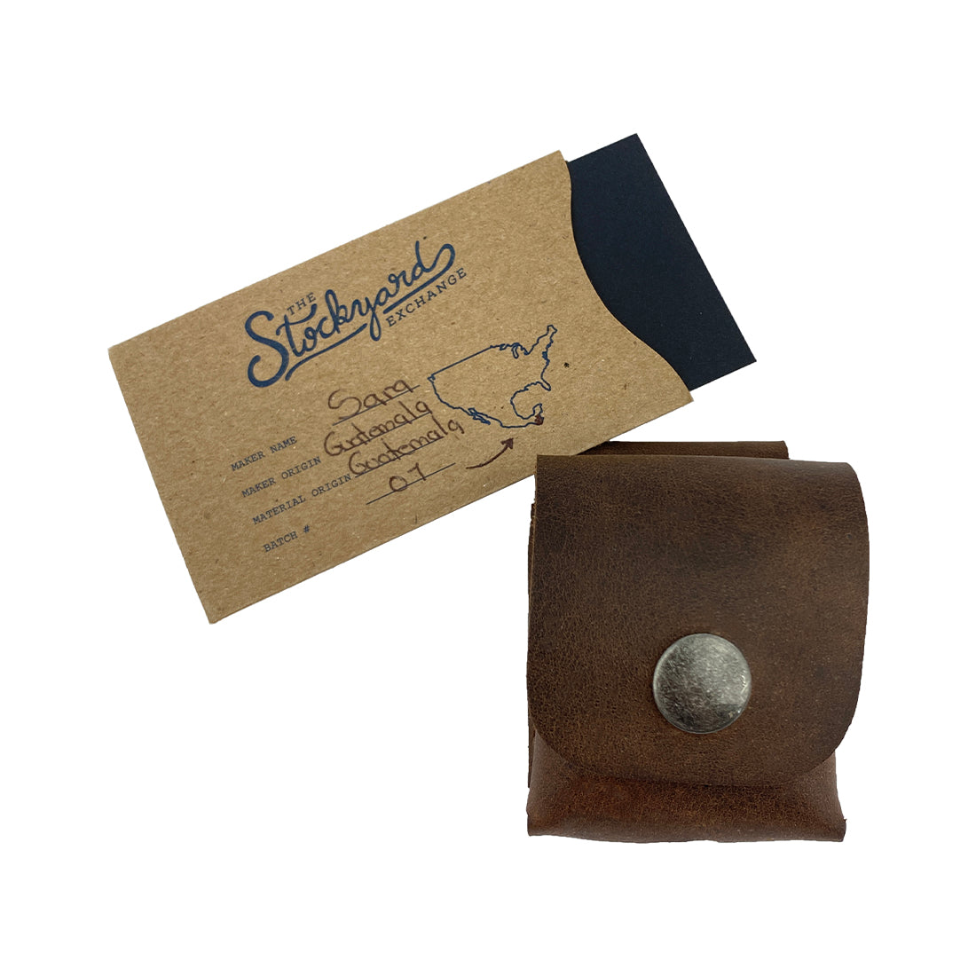 LeatherTex AirPods Case dimensions, showcasing its compact design of 2x2.45x0.90 inches. This rustic AirPods charging cover is made from full grain leather and reflects the artisan quality of small batch production in La Antigua Guatemala.