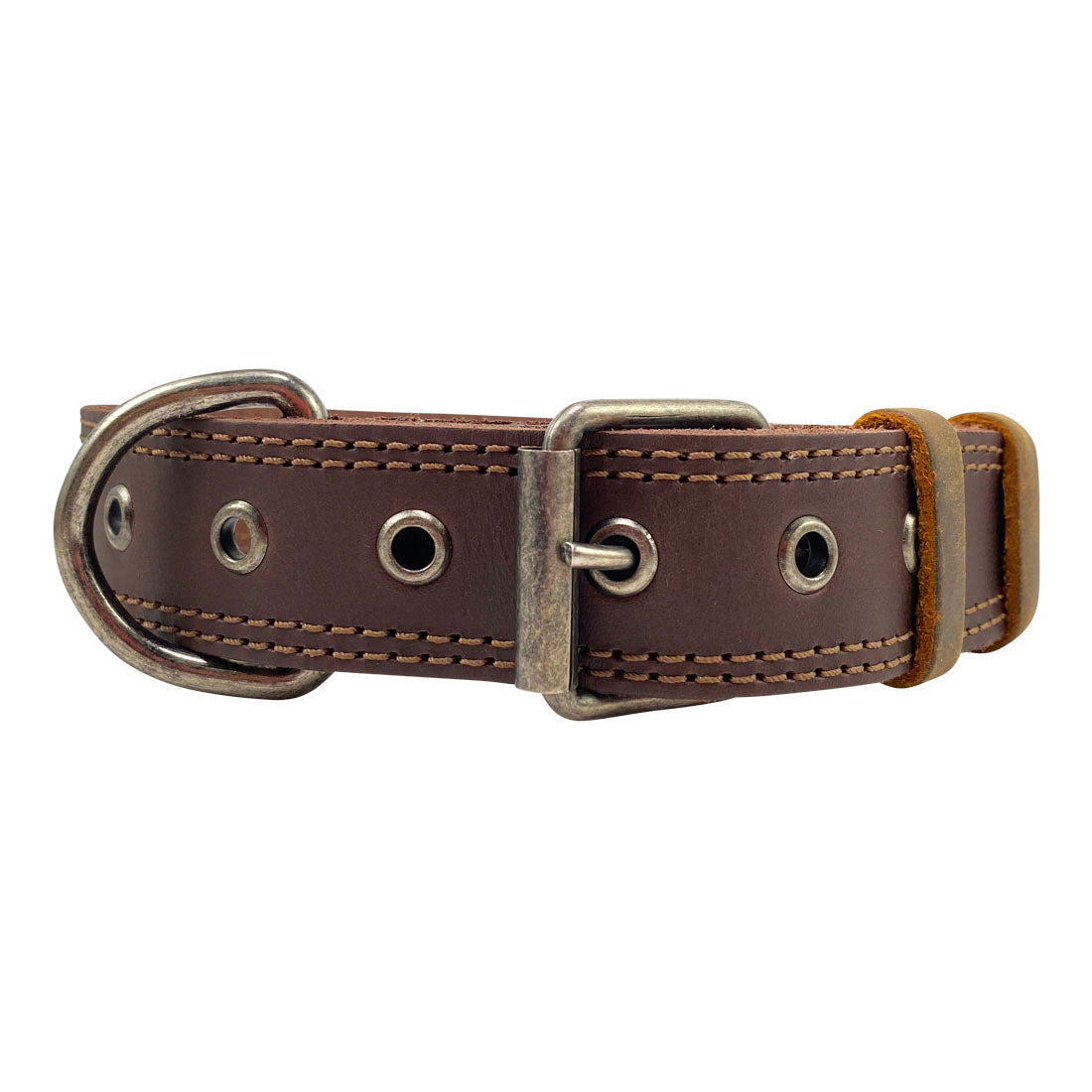 Side view of Taco Dog Rustic Leather Dog Collar that combines style and function with its durable leather and heavy-duty buckle, suitable for medium to large dogs. Artisanal craftsmanship from La Antigua Guatemala.