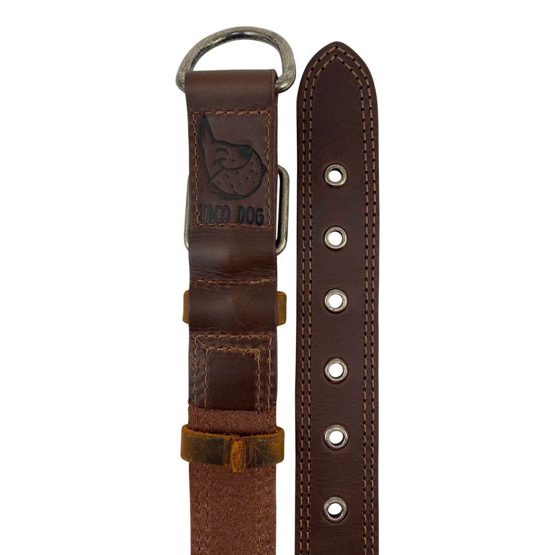 Close-up of the buckle and D ring on Taco Dog Rustic Leather Dog Collar, emphasizing its durable design for medium to large dogs. Each collar is handmade by artisans in La Antigua Guatemala using high-quality materials.