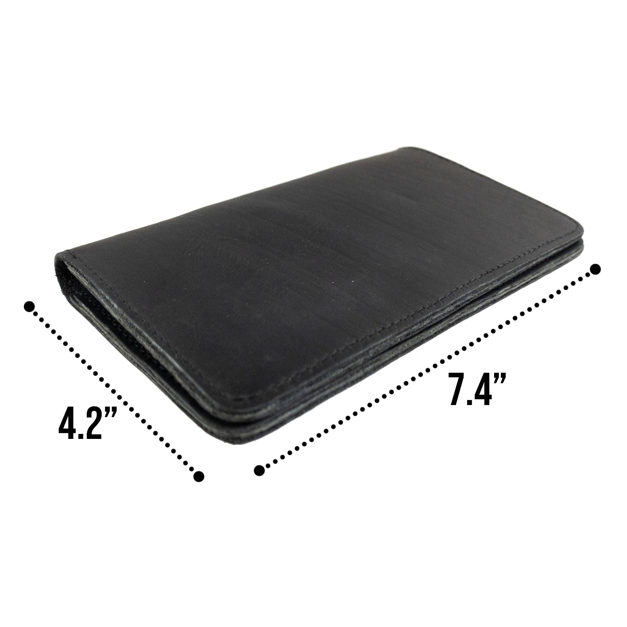 Hide & Drink Large Organizer Wallet with dimensions displayed for convenient carrying. This artisan bifold wallet, hand cut and hand sewn from full grain leather, serves as an ideal night bag and travel accessory, showcasing craftsmanship from La Antigua Guatemala & Oaxaca Mexico.