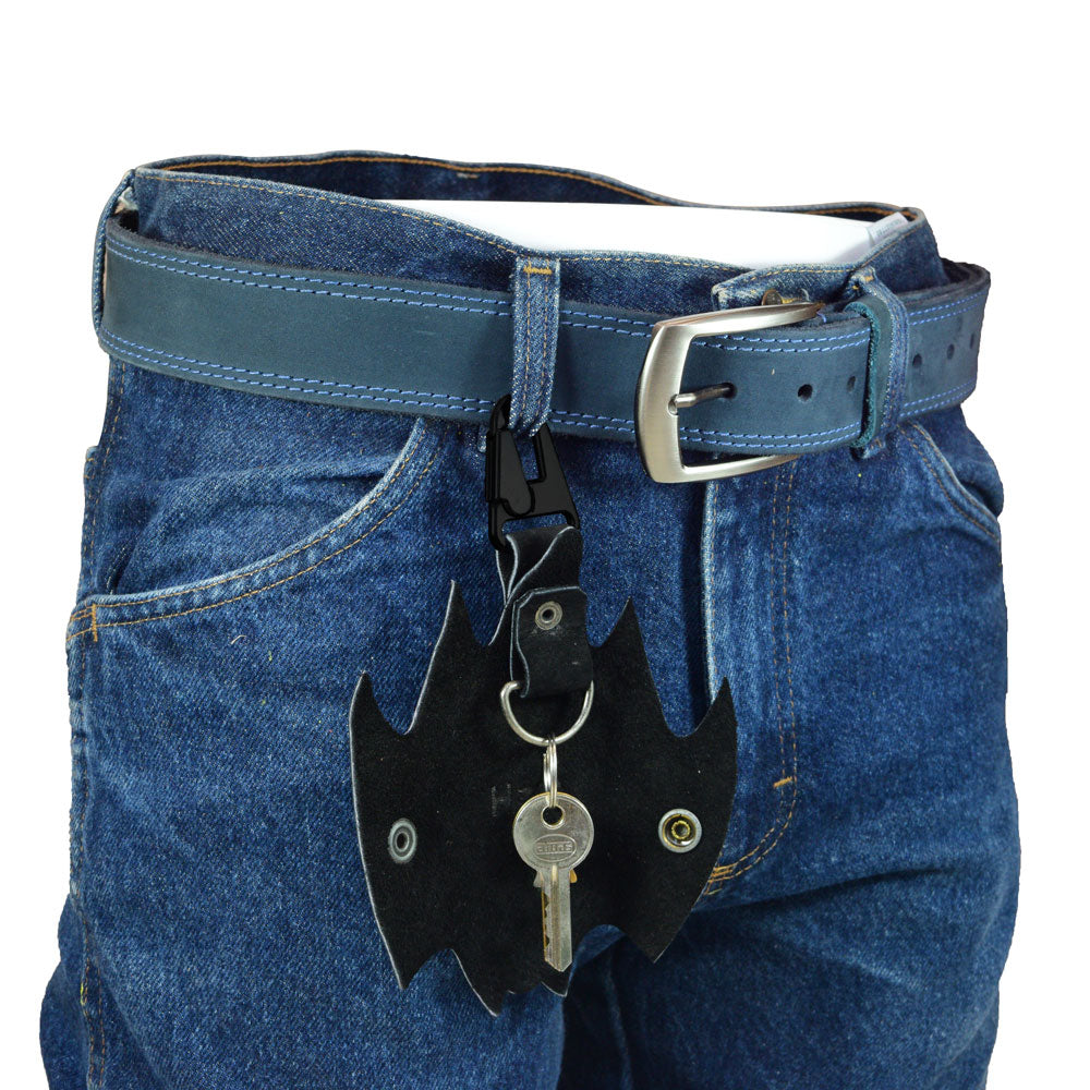 Belt-mounted bat-shaped Critter Key Chain from Hide & Drink, showcasing its functional design for easy access. This unique Animal Key Ring Holder is handmade from Full Grain Leather, adding personality while keeping keys handy. Artisan crafted in La Antigua Guatemala & Oaxaca Mexico.