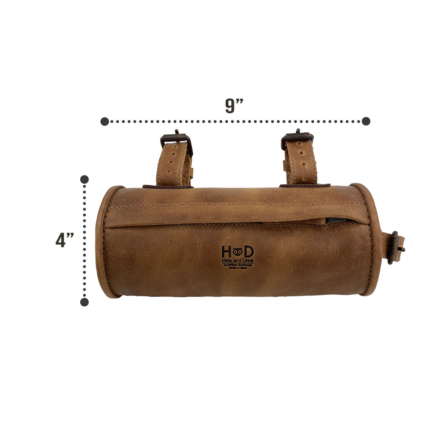 Hide & Drink Bike Bag dimensions displayed, emphasizing its stylish and practical design as a full grain leather cylinder tube pouch for bicycles. Hand cut and hand sewn in La Antigua Guatemala & Oaxaca Mexico, this bicycle accessory is ideal for cyclists.