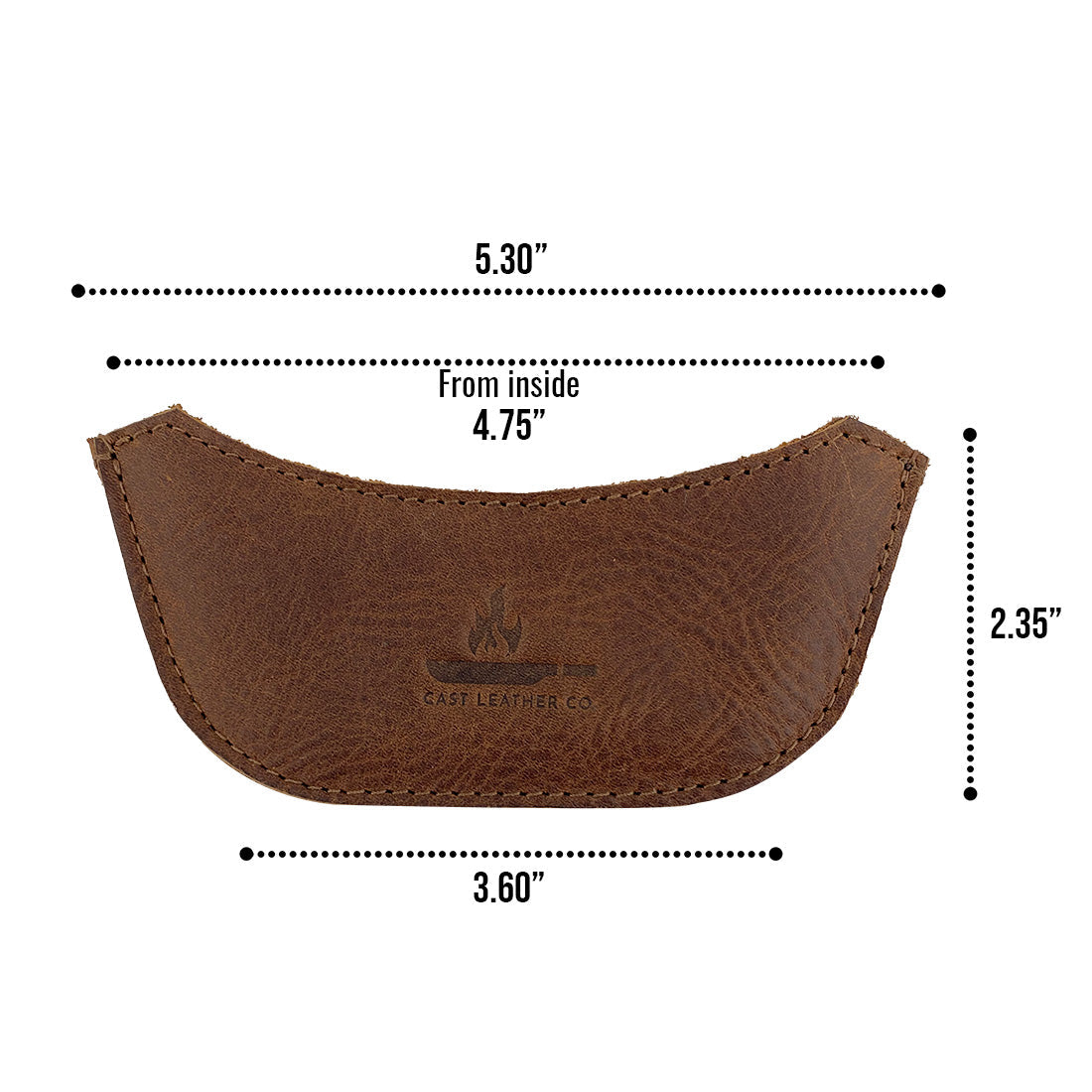 Detailed view of the dimensions of leather handle covers for a wok by Cast Leather Co., known as the Wok Sidekick. Crafted from full grain leather, this cooking accessory reflects artisan quality with its handmade approach in La Antigua Guatemala & Oaxaca Mexico.
