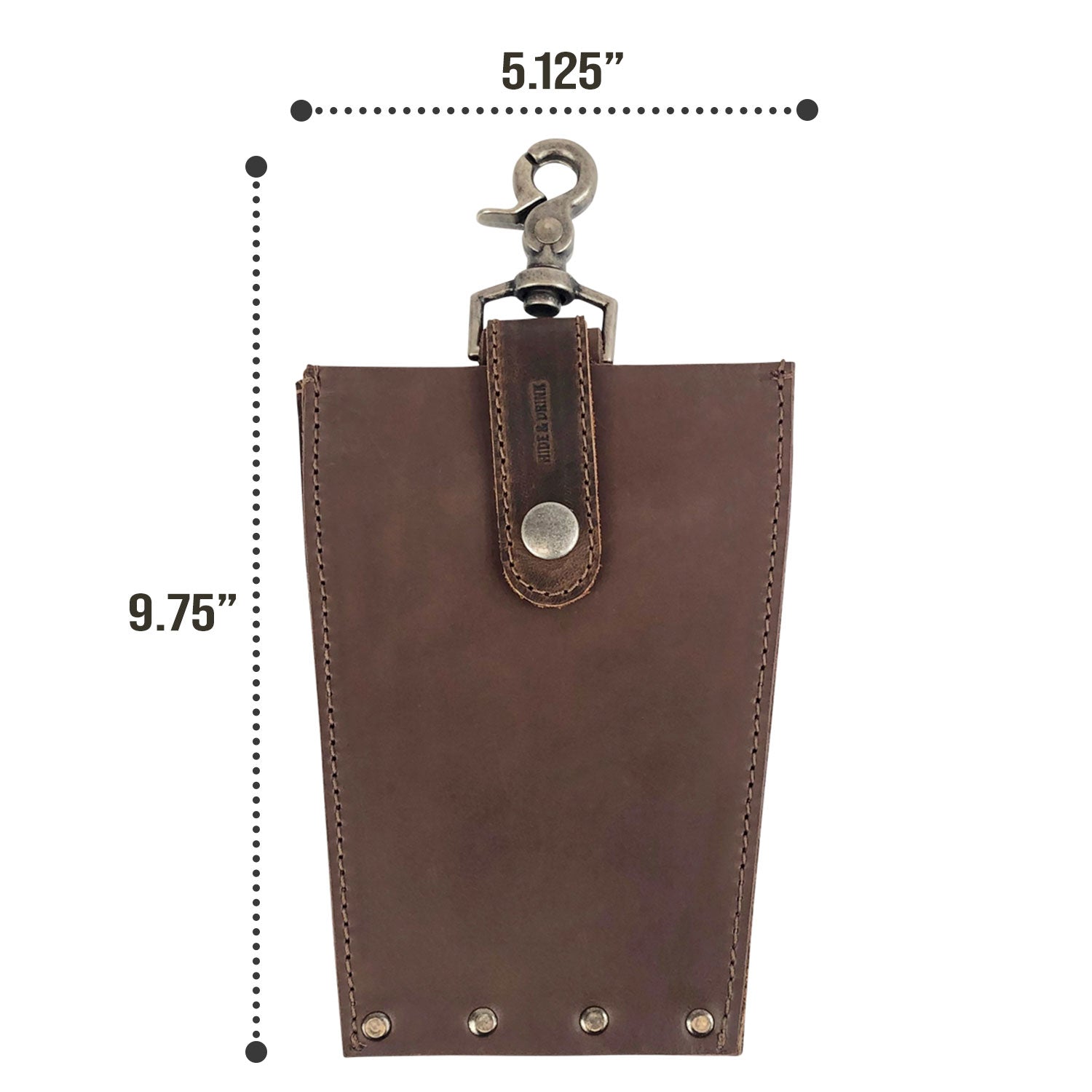 Dimensions and features of the 'Table Hanger Organizer' by Hide & Drink, providing specifications that highlight its practical design made from premium full grain leather. Table Hanger Organizer - All-Purpose Slim File with Lobster Clasp - Durable Multi Use Hanger Organizer with Clasp, Full Grain Leather, StockyardX, Small Batch Production, Hand Cut, Hand Sewn, Fire Branded, Artisan, Handmade in La Antigua Guatemala & Oaxaca Mexico.