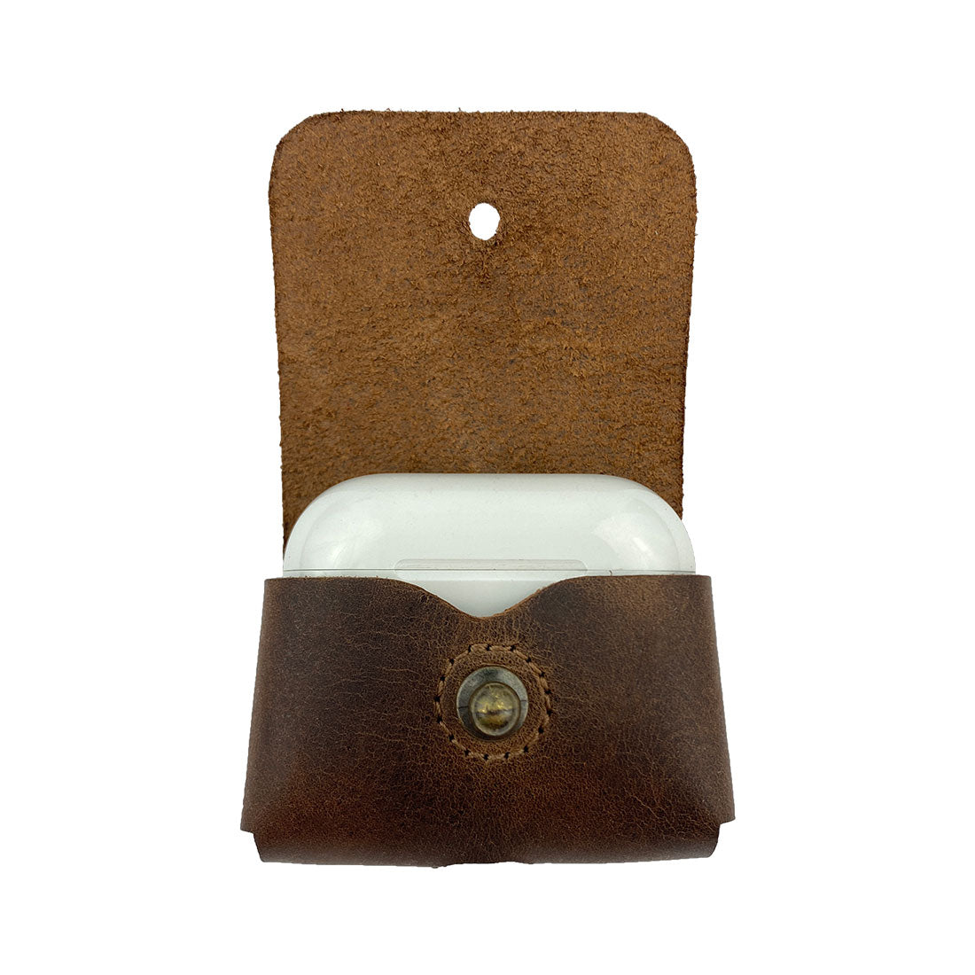 Airpods Pro Case Keychain by Hide & Drink - The case opens to reveal the Airpods, combining style and protection in a compact design. Perfect for everyday use or travel, made from full grain leather and artisan crafted in La Antigua Guatemala & Oaxaca Mexico.