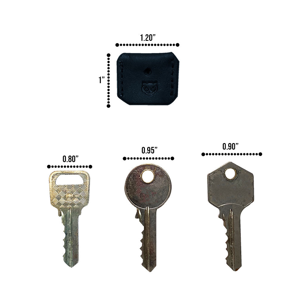 Size comparison of various Key Covers from Hide & Drink, highlighting their perfect fit on different key types. These key protectors are made from high-quality full grain leather, demonstrating the craftsmanship of small batch production with hand cut and hand sewn precision, artisan-made in La Antigua Guatemala & Oaxaca Mexico.
