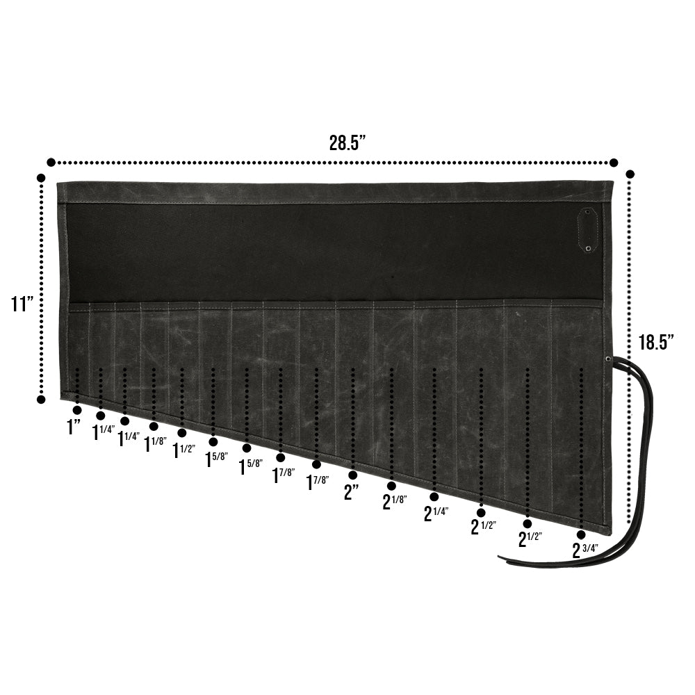 Hide & Drink Wrench Roll (15 Pockets), featuring quality Water Resistant Waxed Canvas, offers practical storage for tools, designed with craftsmanship in La Antigua Guatemala & Oaxaca Mexico.